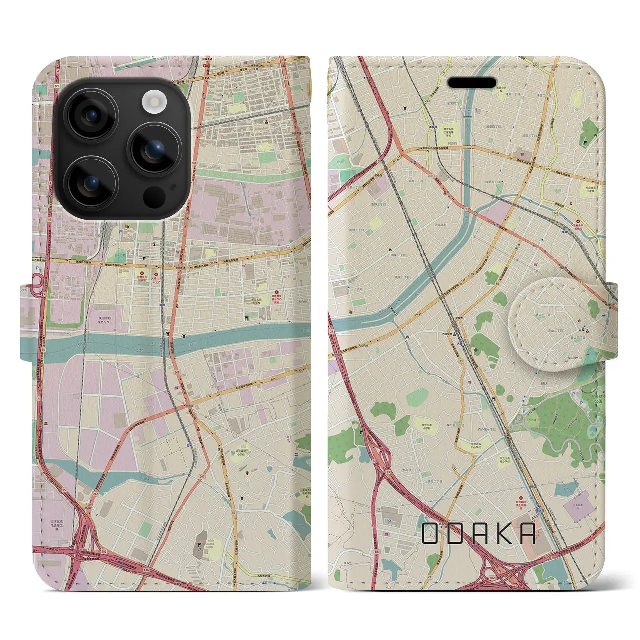 【大高(愛知県)】地図柄iPhoneケース(手帳タイプ)ナチュラル・iPhone 16 用