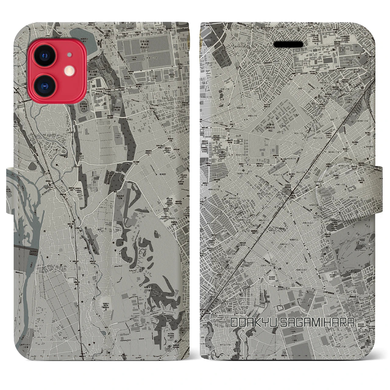 【小田急相模原(神奈川県)】地図柄iPhoneケース(手帳タイプ)モノトーン・iPhone 11 用