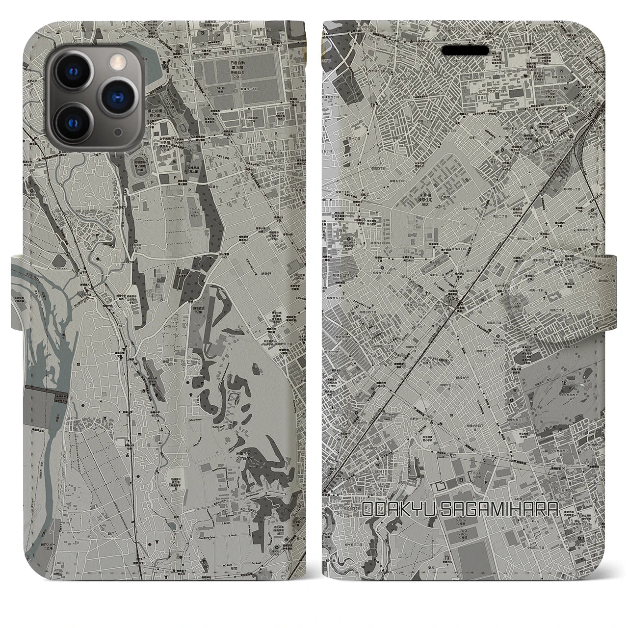 【小田急相模原(神奈川県)】地図柄iPhoneケース(手帳タイプ)モノトーン・iPhone 11 Pro Max 用