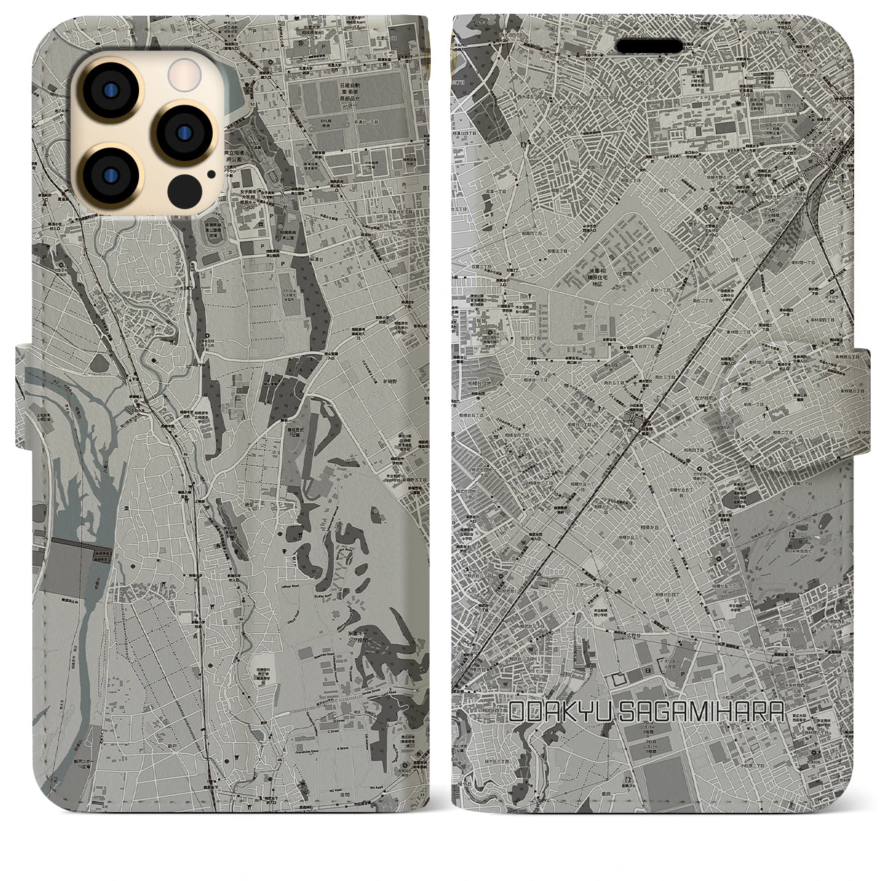 【小田急相模原(神奈川県)】地図柄iPhoneケース(手帳タイプ)モノトーン・iPhone 12 Pro Max 用