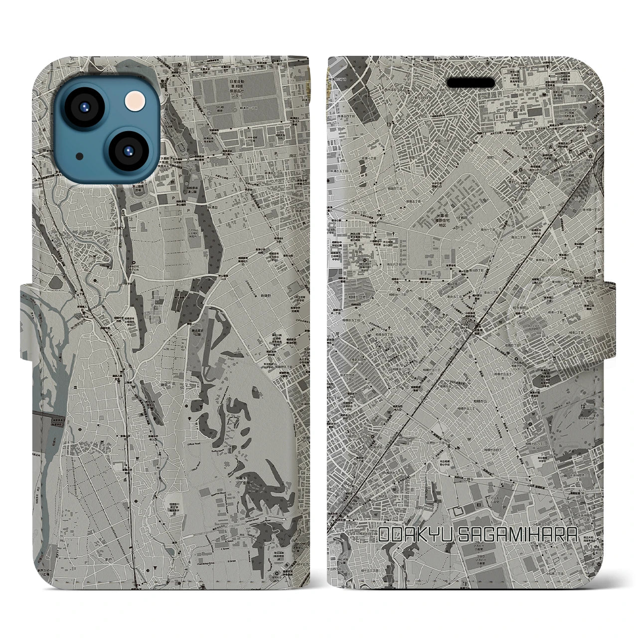 【小田急相模原(神奈川県)】地図柄iPhoneケース(手帳タイプ)モノトーン・iPhone 13 用