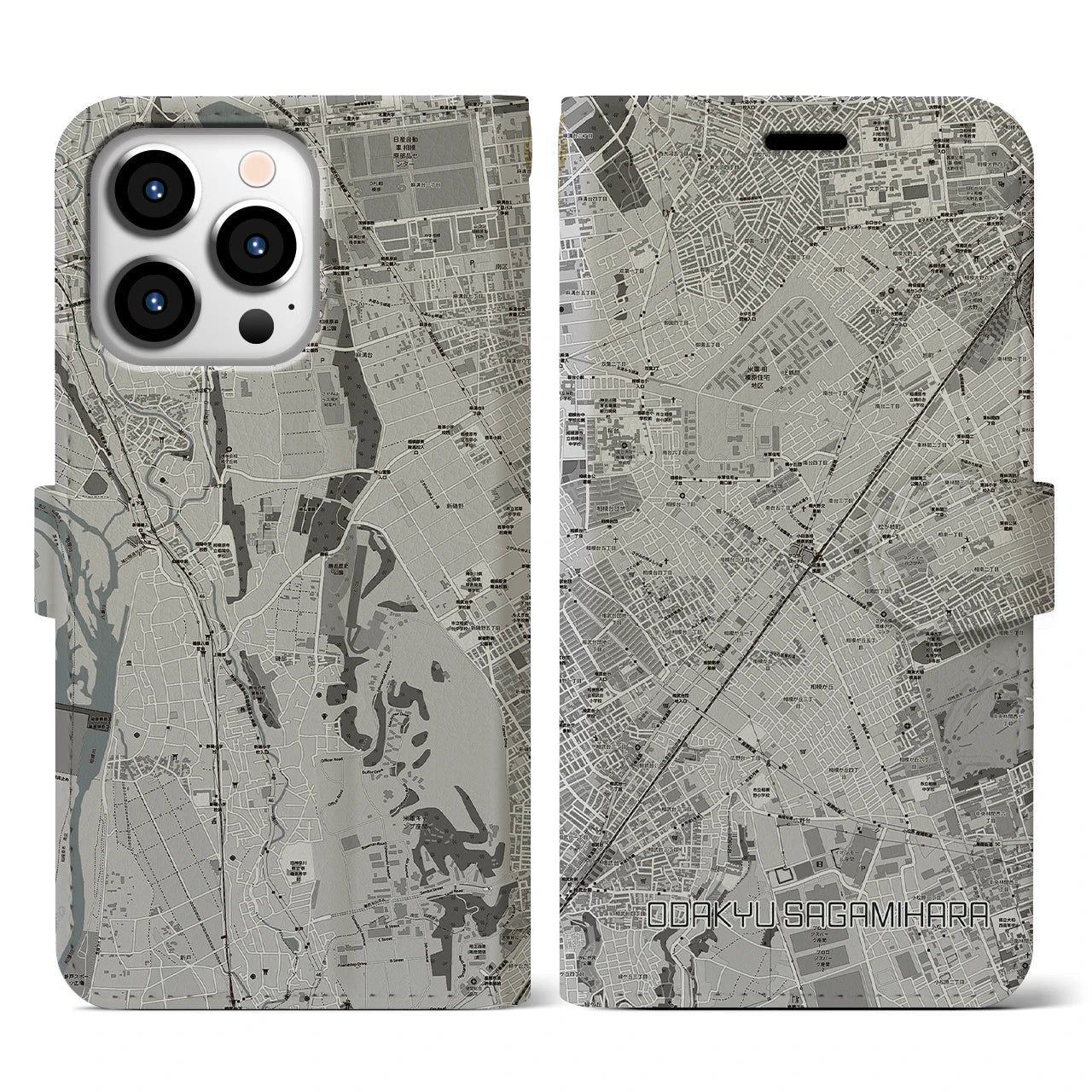 【小田急相模原(神奈川県)】地図柄iPhoneケース(手帳タイプ)モノトーン・iPhone 13 Pro 用