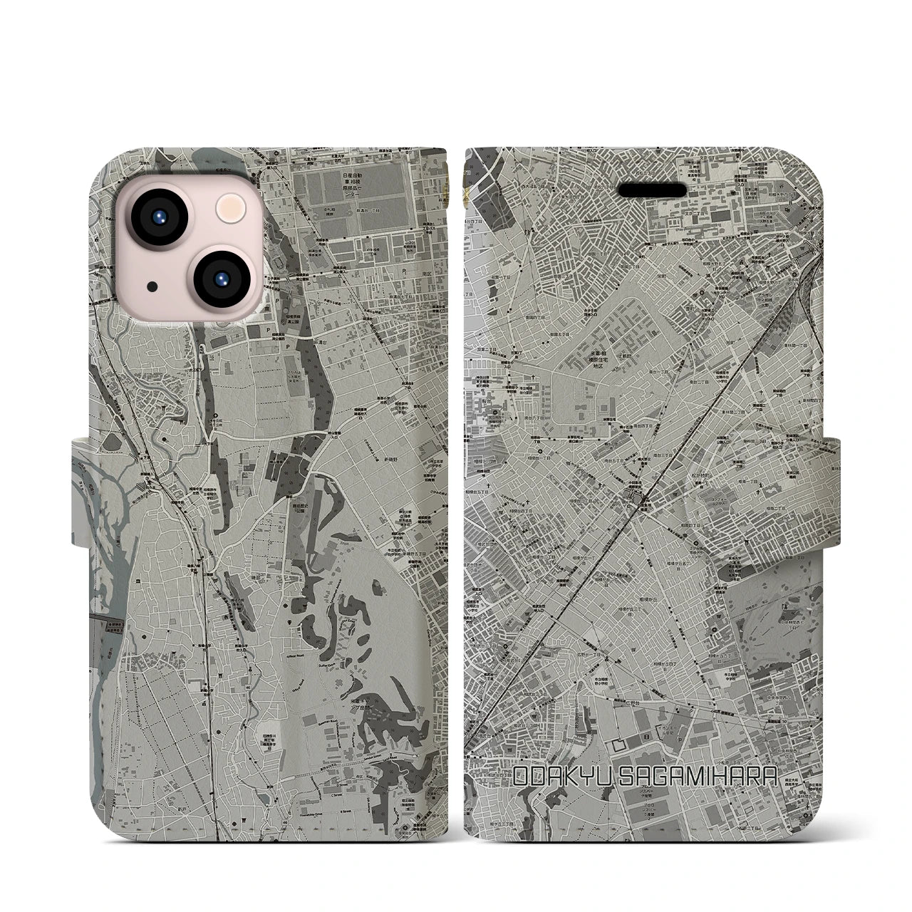 【小田急相模原(神奈川県)】地図柄iPhoneケース(手帳タイプ)モノトーン・iPhone 13 mini 用