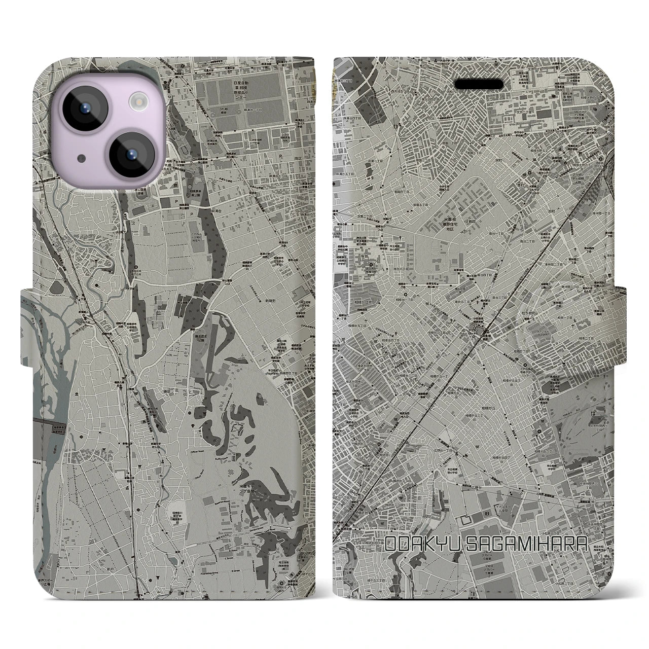 【小田急相模原(神奈川県)】地図柄iPhoneケース(手帳タイプ)モノトーン・iPhone 14 用