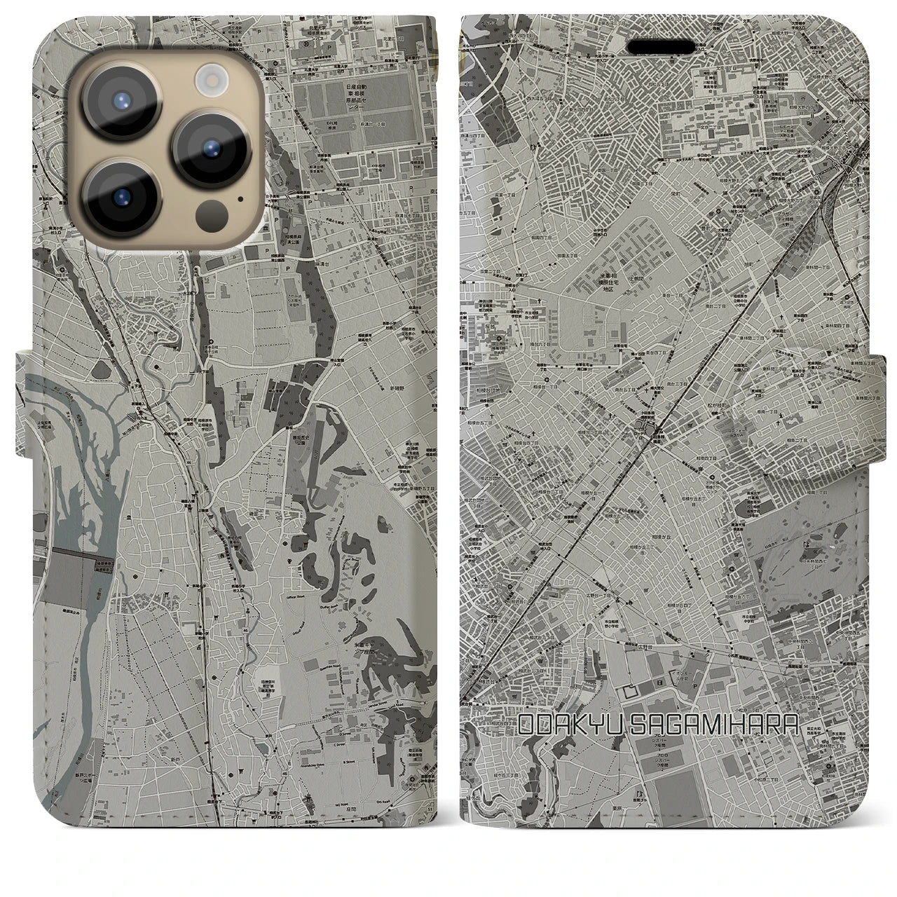 【小田急相模原(神奈川県)】地図柄iPhoneケース(手帳タイプ)モノトーン・iPhone 14 Pro Max 用