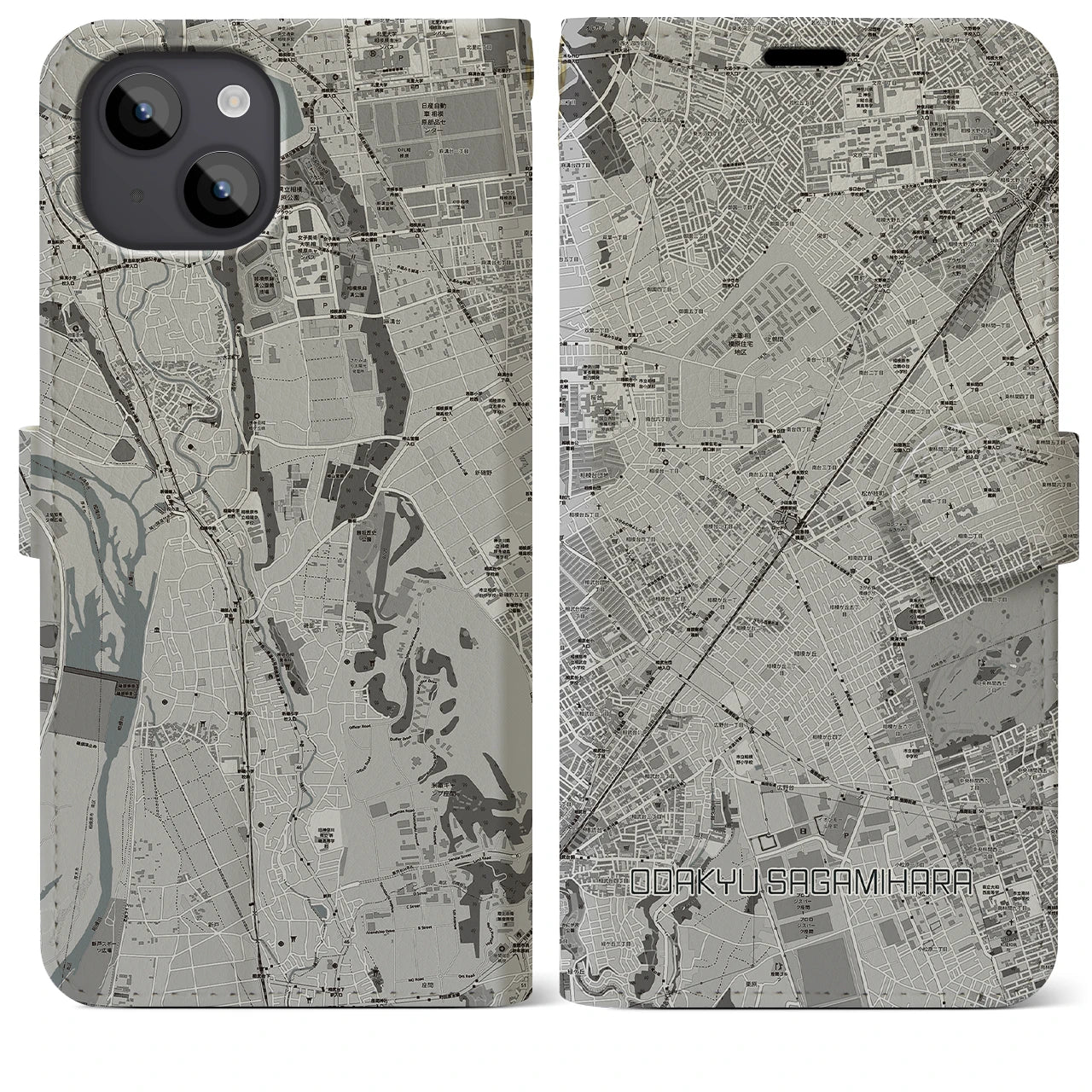 【小田急相模原(神奈川県)】地図柄iPhoneケース(手帳タイプ)モノトーン・iPhone 14 Plus 用