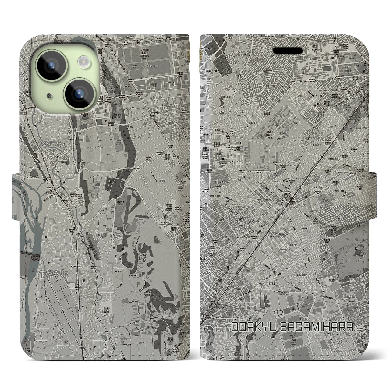 【小田急相模原(神奈川県)】地図柄iPhoneケース(手帳タイプ)モノトーン・iPhone 15 用