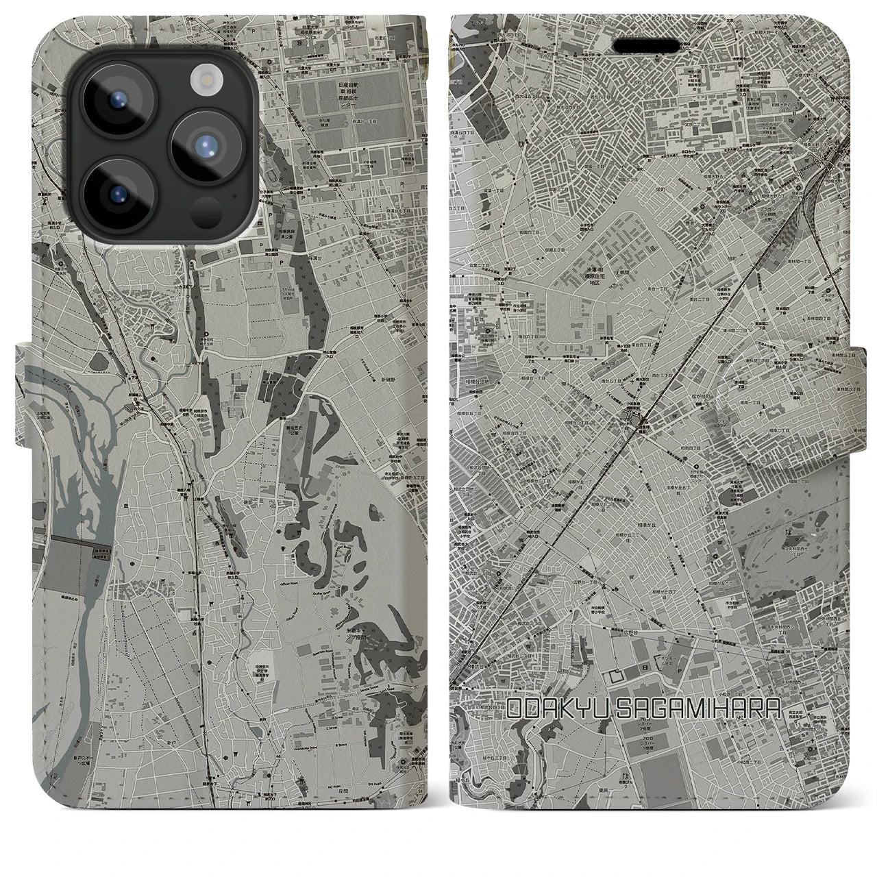 【小田急相模原(神奈川県)】地図柄iPhoneケース(手帳タイプ)モノトーン・iPhone 15 Pro Max 用