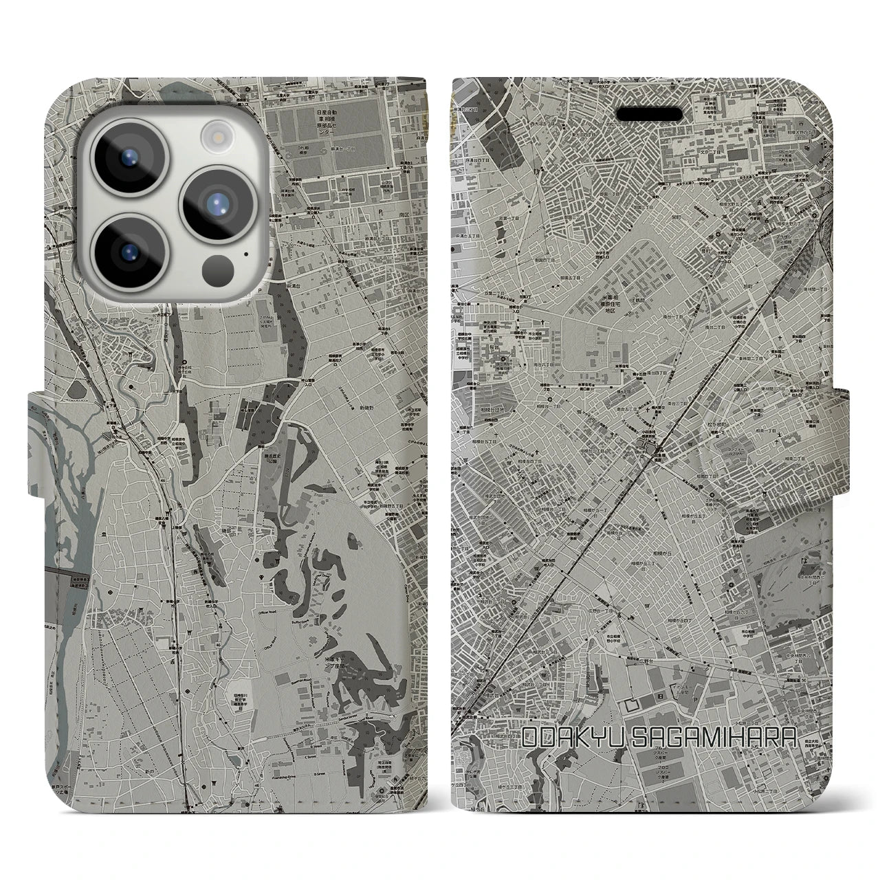【小田急相模原(神奈川県)】地図柄iPhoneケース(手帳タイプ)モノトーン・iPhone 15 Pro 用