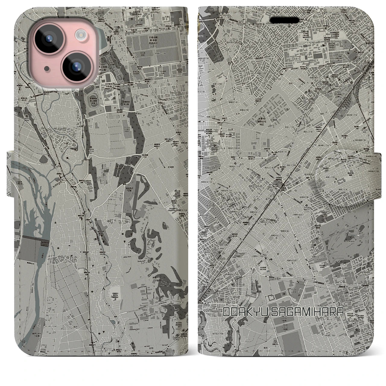 【小田急相模原(神奈川県)】地図柄iPhoneケース(手帳タイプ)モノトーン・iPhone 15 Plus 用