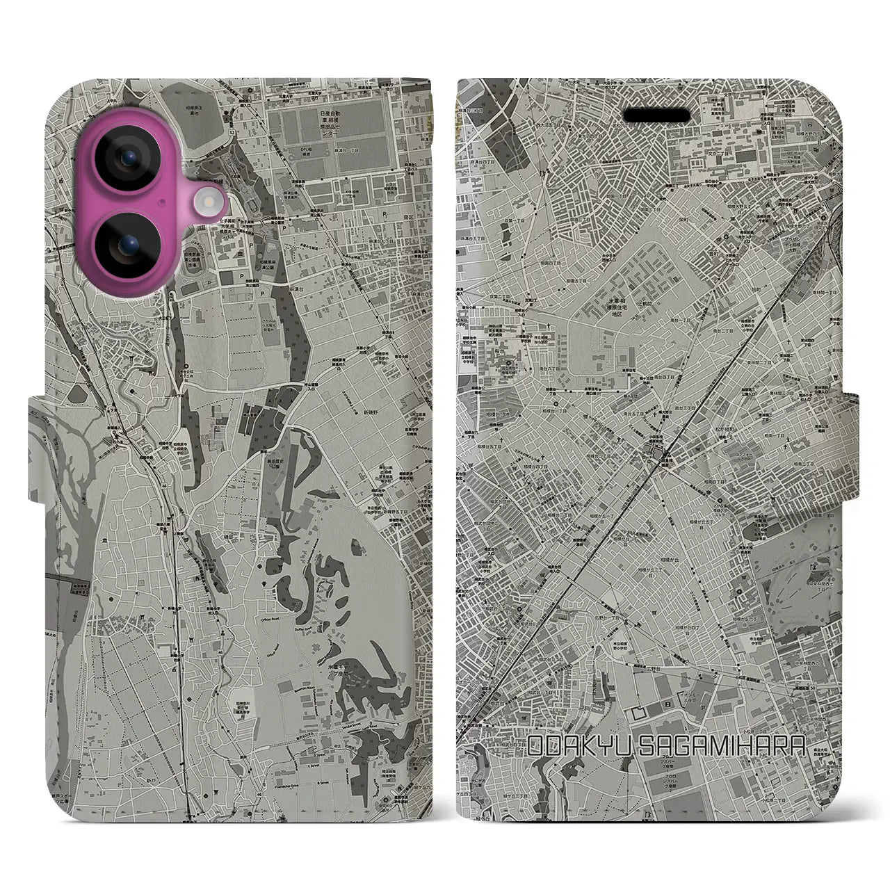 【小田急相模原(神奈川県)】地図柄iPhoneケース(手帳タイプ)モノトーン・iPhone 16 Pro 用