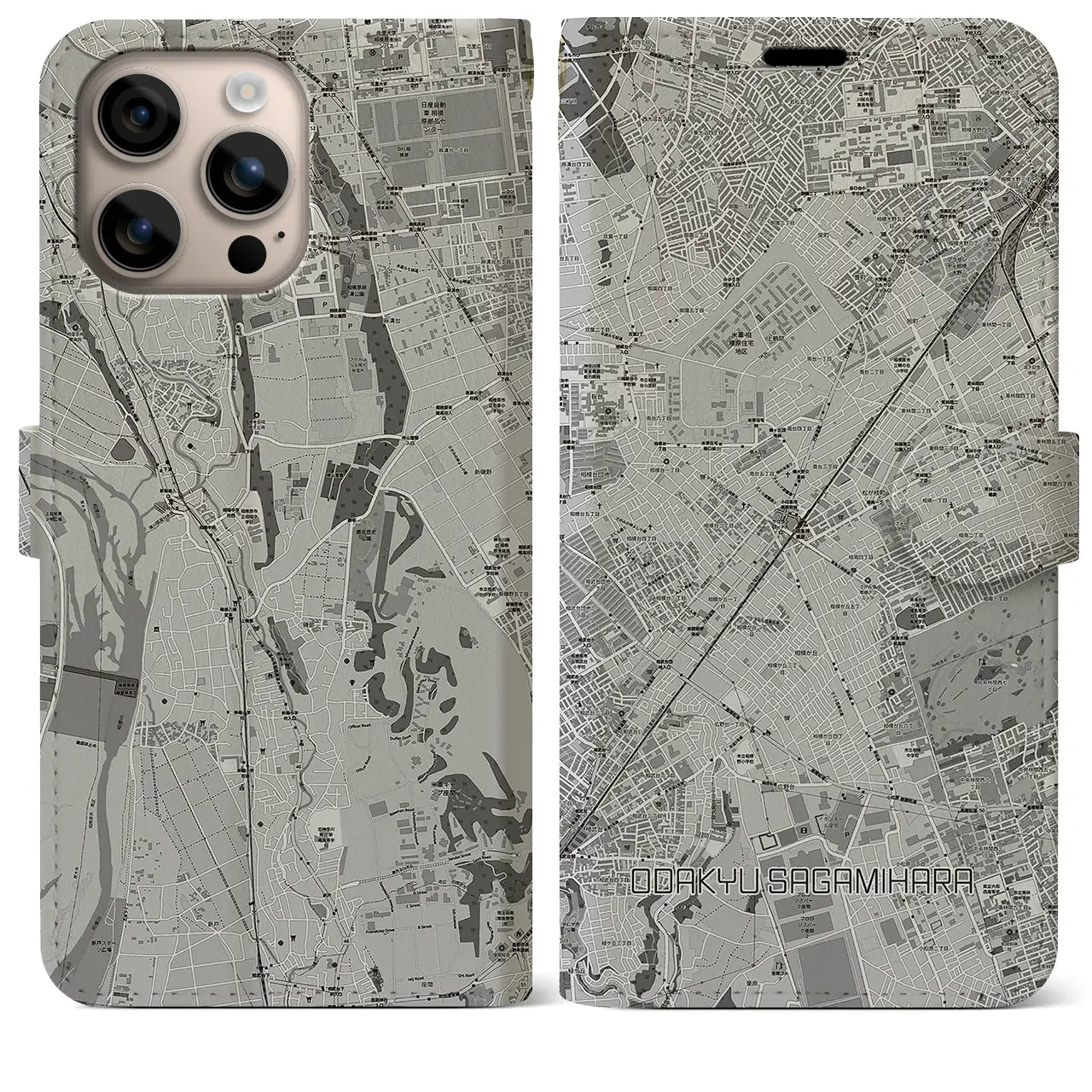 【小田急相模原(神奈川県)】地図柄iPhoneケース(手帳タイプ)モノトーン・iPhone 16 Plus 用