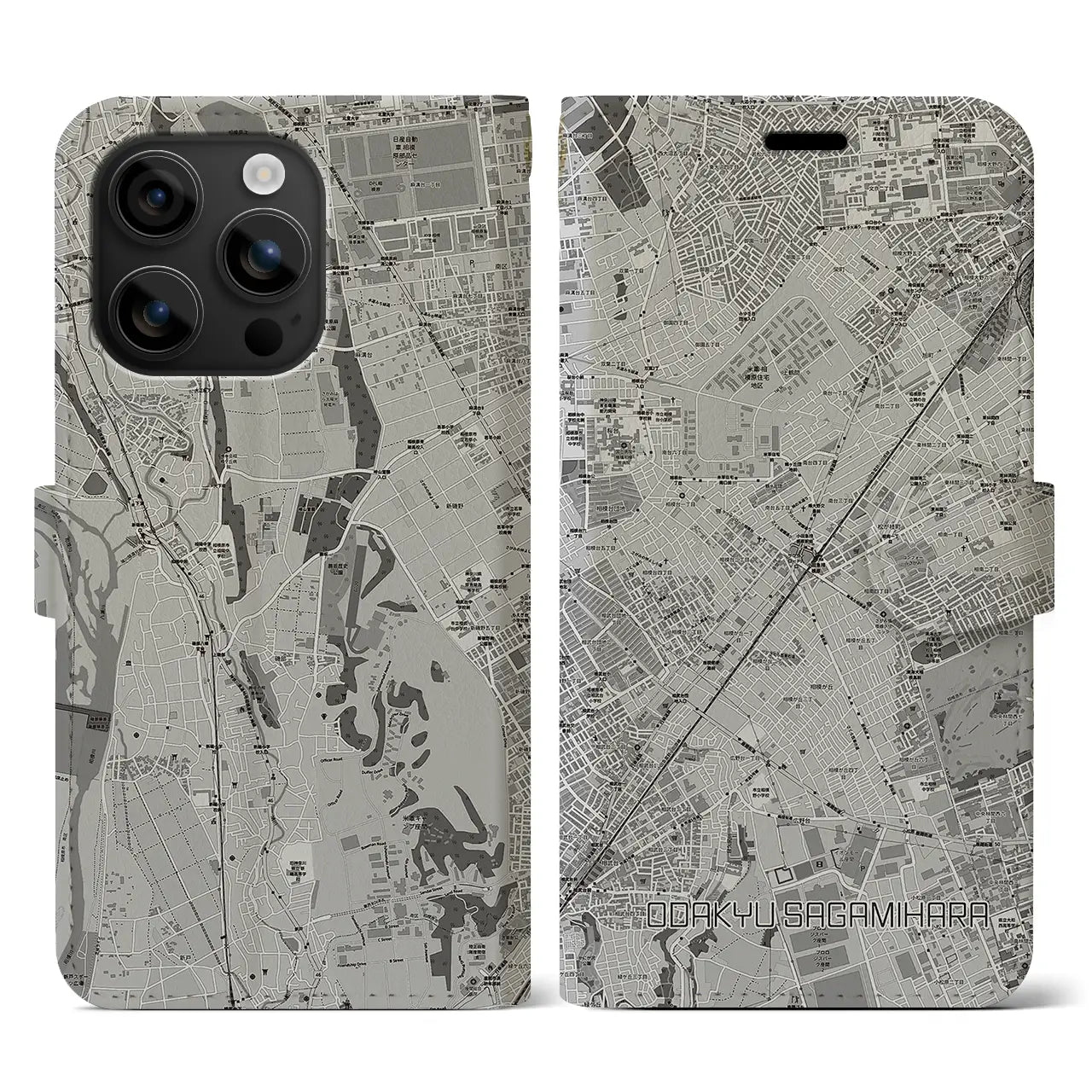 【小田急相模原(神奈川県)】地図柄iPhoneケース(手帳タイプ)モノトーン・iPhone 16 用