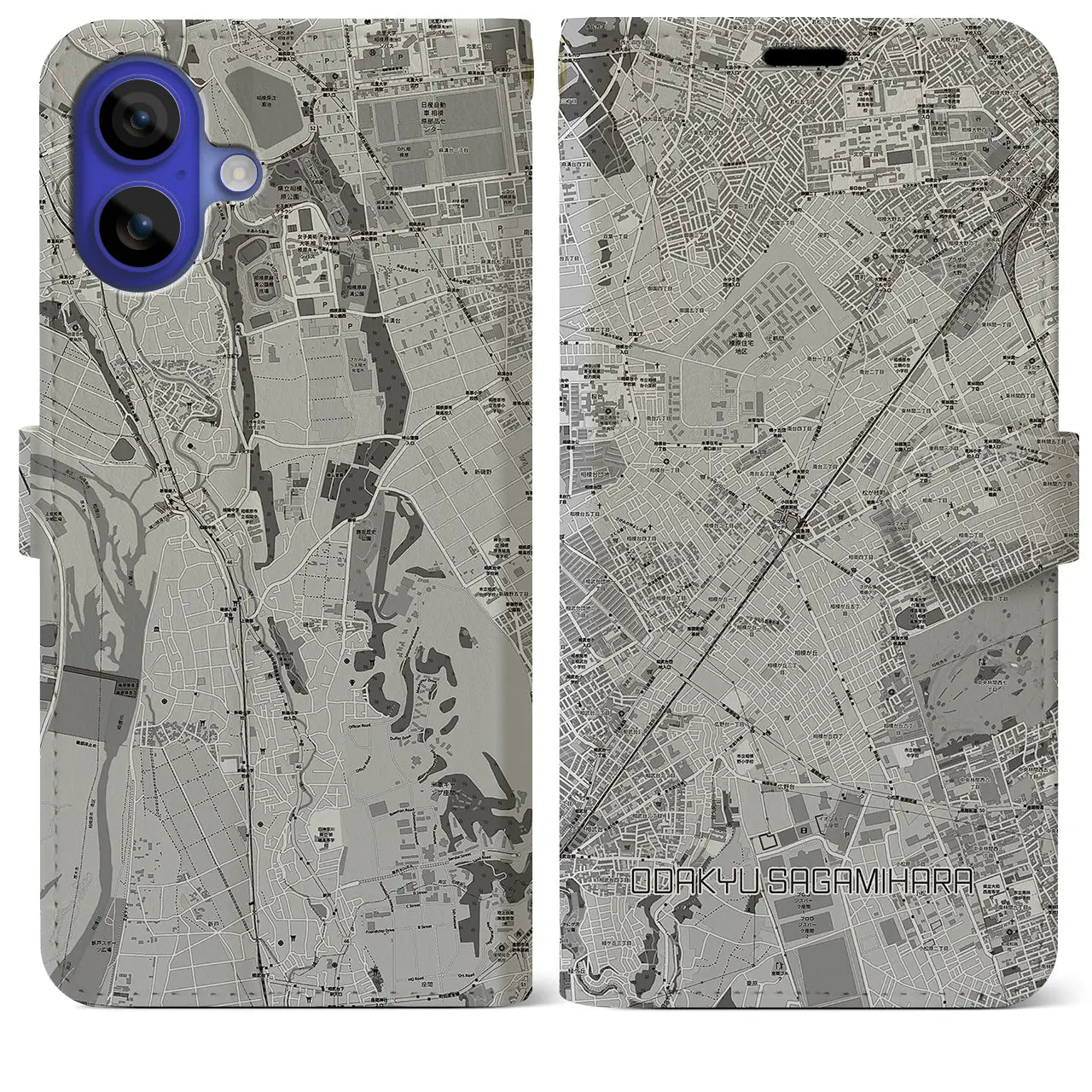 【小田急相模原(神奈川県)】地図柄iPhoneケース(手帳タイプ)モノトーン・iPhone 16 Pro Max 用