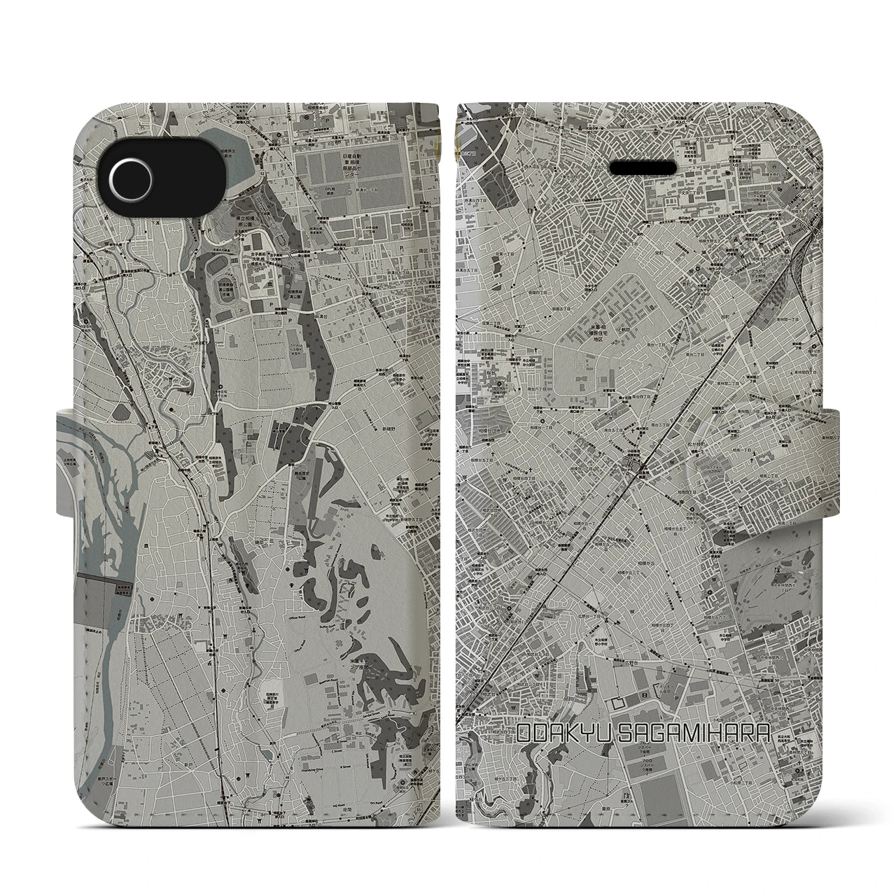 【小田急相模原(神奈川県)】地図柄iPhoneケース(手帳タイプ)モノトーン・iPhone SE(第3 / 第2世代) / 8 / 7 / 6s / 6 用