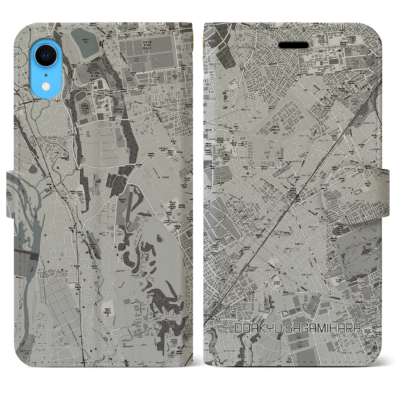 【小田急相模原(神奈川県)】地図柄iPhoneケース(手帳タイプ)モノトーン・iPhone XR 用