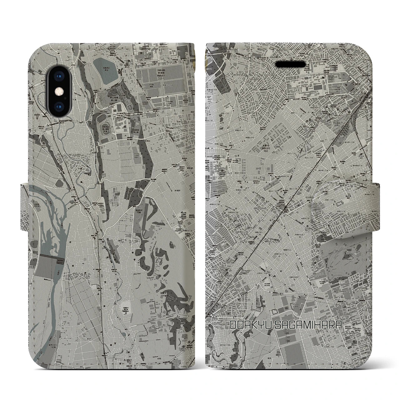 【小田急相模原(神奈川県)】地図柄iPhoneケース(手帳タイプ)モノトーン・iPhone XS / X 用