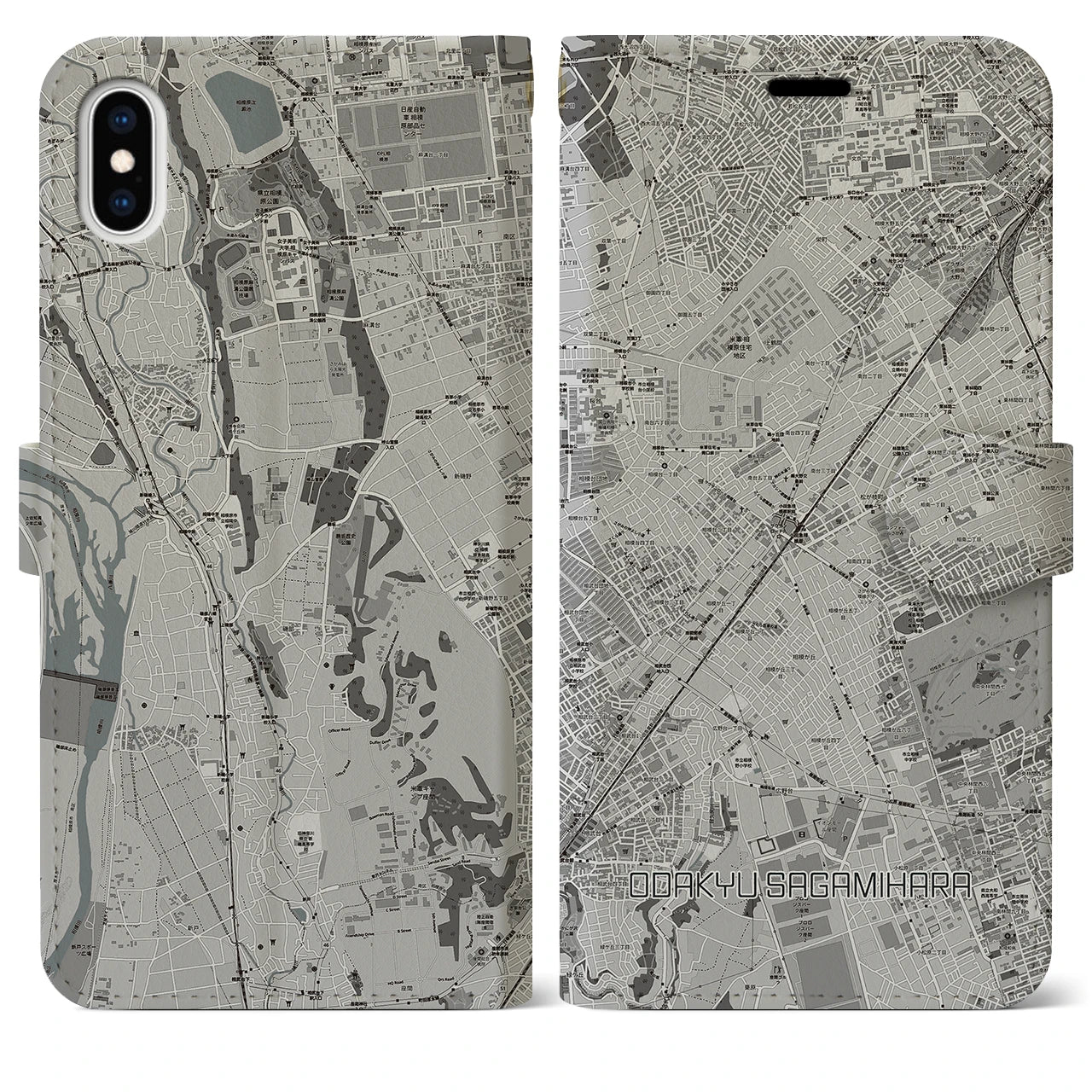 【小田急相模原(神奈川県)】地図柄iPhoneケース(手帳タイプ)モノトーン・iPhone XS Max 用