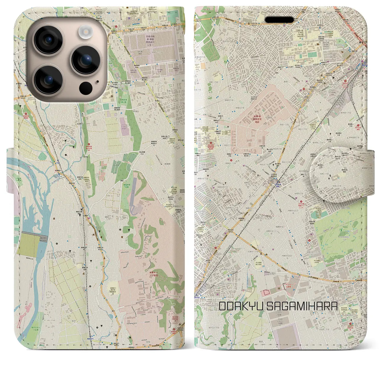 【小田急相模原(神奈川県)】地図柄iPhoneケース(手帳タイプ)ナチュラル・iPhone 16 Plus 用