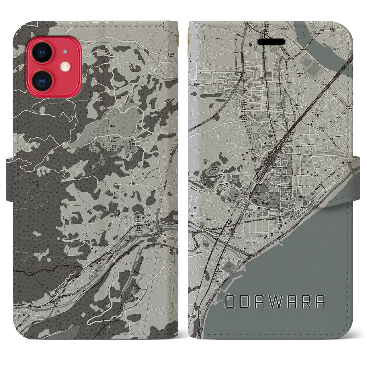 【小田原(神奈川県)】地図柄iPhoneケース(手帳タイプ)モノトーン・iPhone 11 用