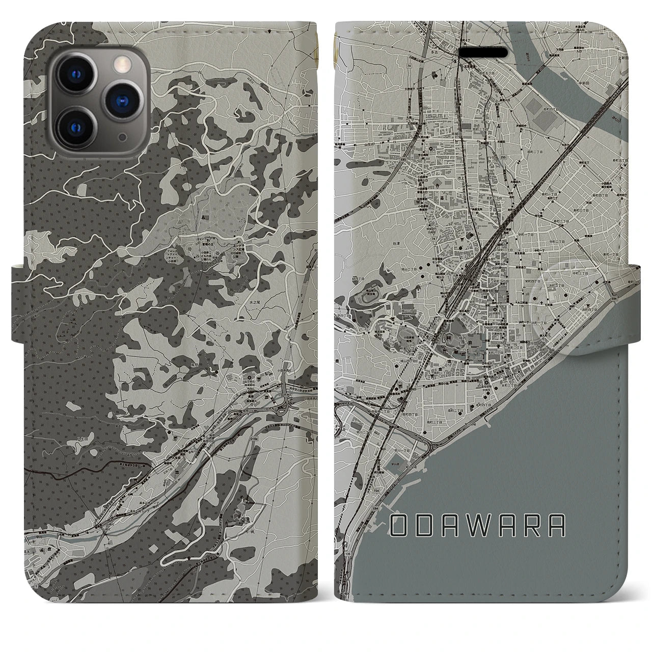 【小田原(神奈川県)】地図柄iPhoneケース(手帳タイプ)モノトーン・iPhone 11 Pro Max 用