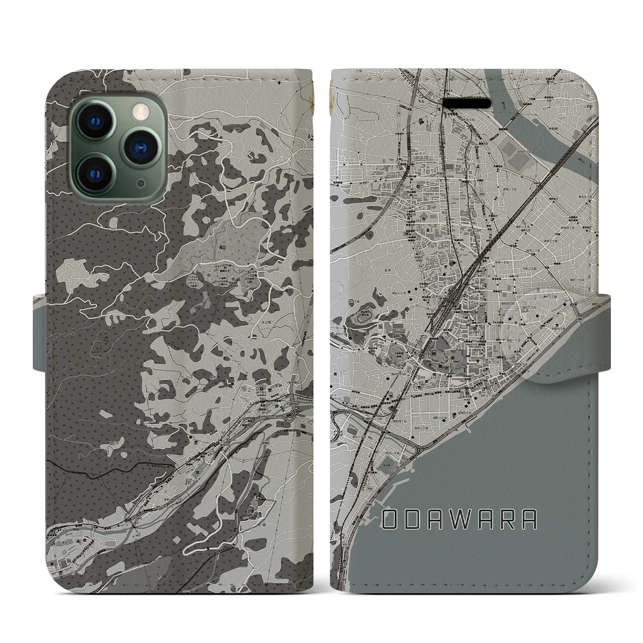 【小田原(神奈川県)】地図柄iPhoneケース(手帳タイプ)モノトーン・iPhone 11 Pro 用