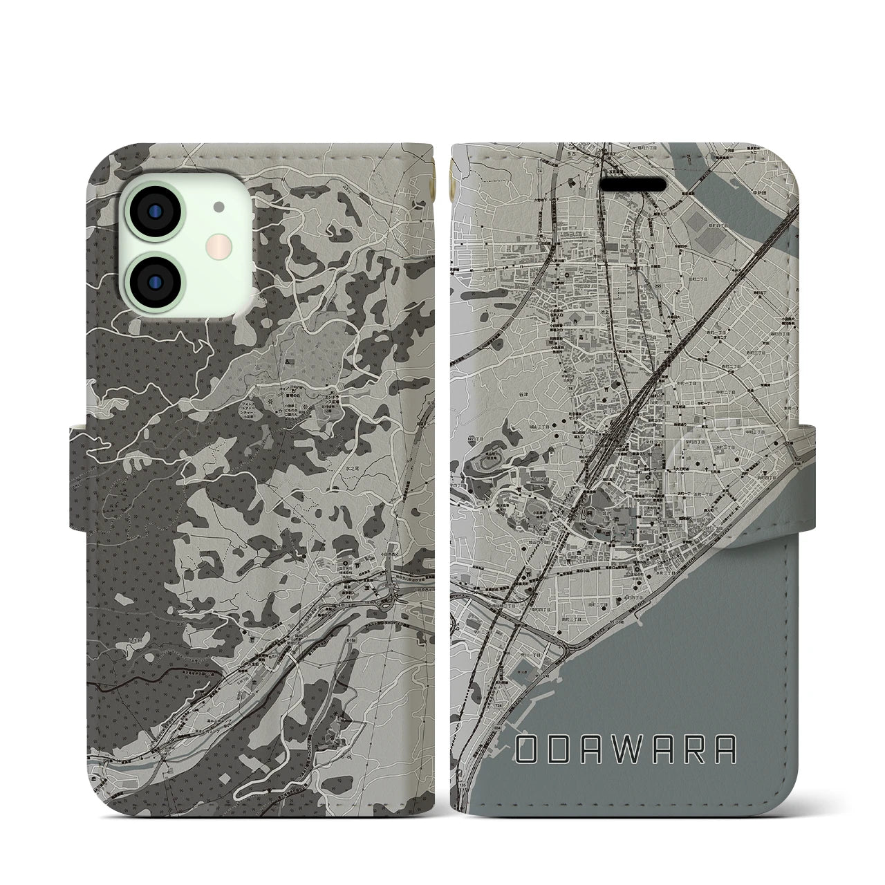 【小田原(神奈川県)】地図柄iPhoneケース(手帳タイプ)モノトーン・iPhone 12 mini 用