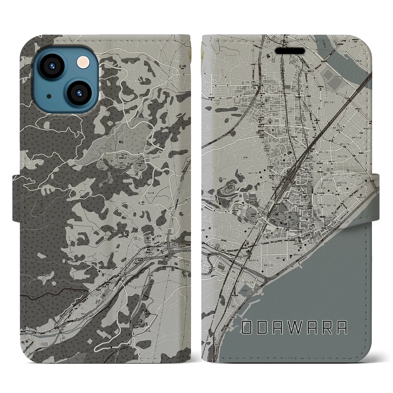 【小田原(神奈川県)】地図柄iPhoneケース(手帳タイプ)モノトーン・iPhone 13 用