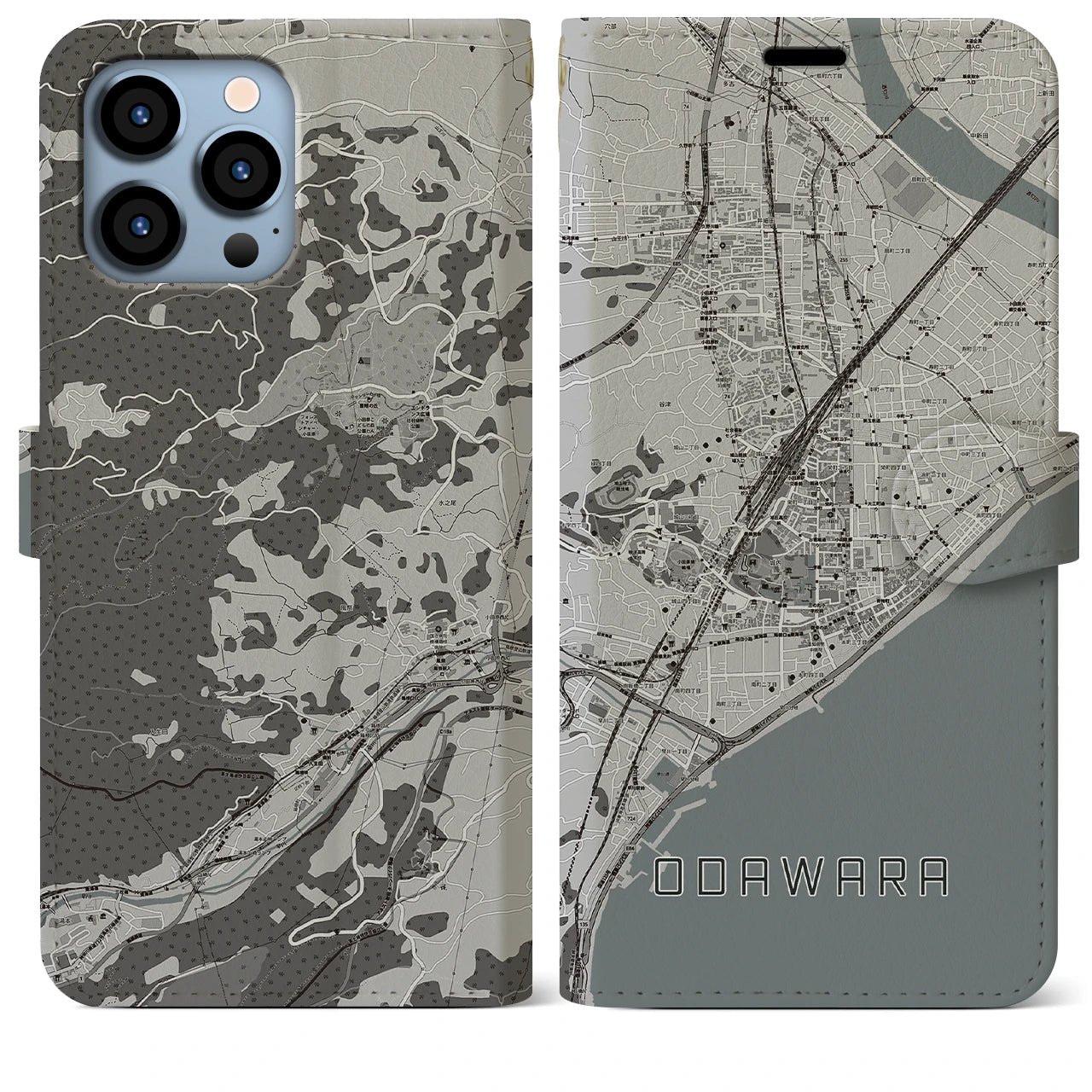 【小田原(神奈川県)】地図柄iPhoneケース(手帳タイプ)モノトーン・iPhone 13 Pro Max 用