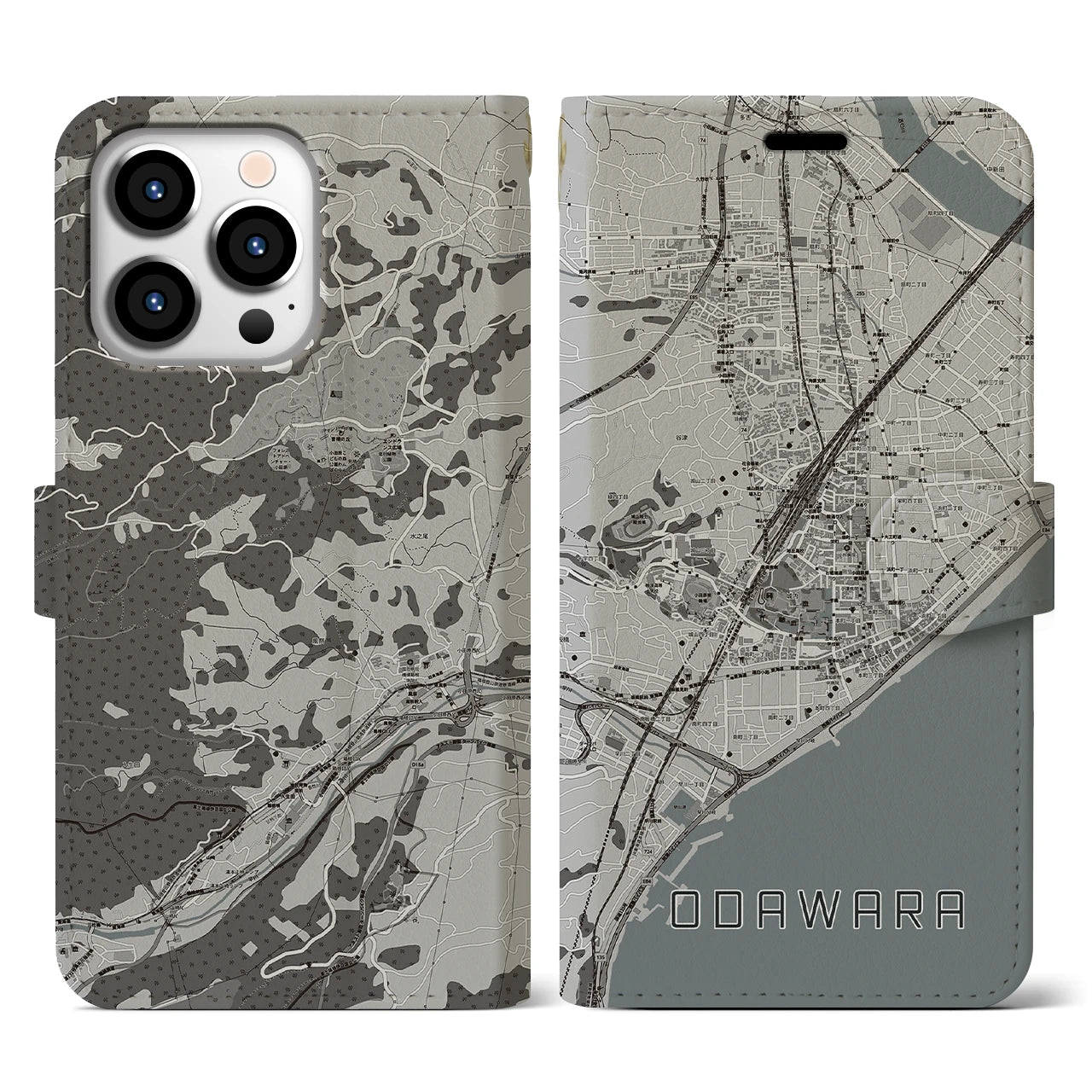 【小田原(神奈川県)】地図柄iPhoneケース(手帳タイプ)モノトーン・iPhone 13 Pro 用