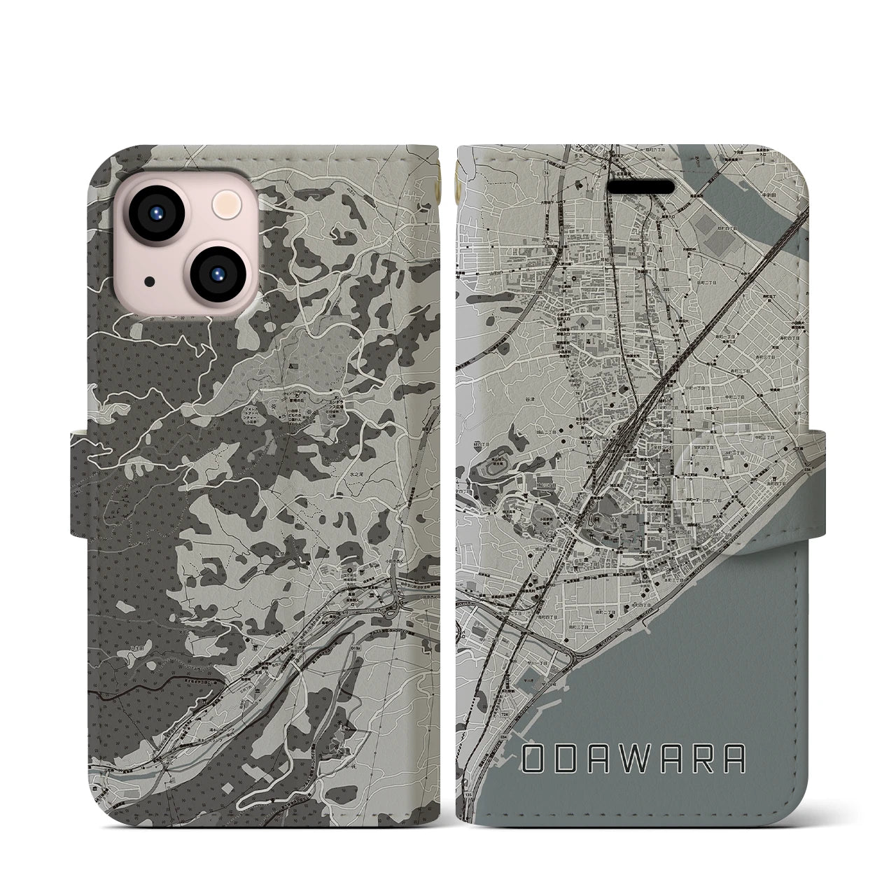 【小田原(神奈川県)】地図柄iPhoneケース(手帳タイプ)モノトーン・iPhone 13 mini 用
