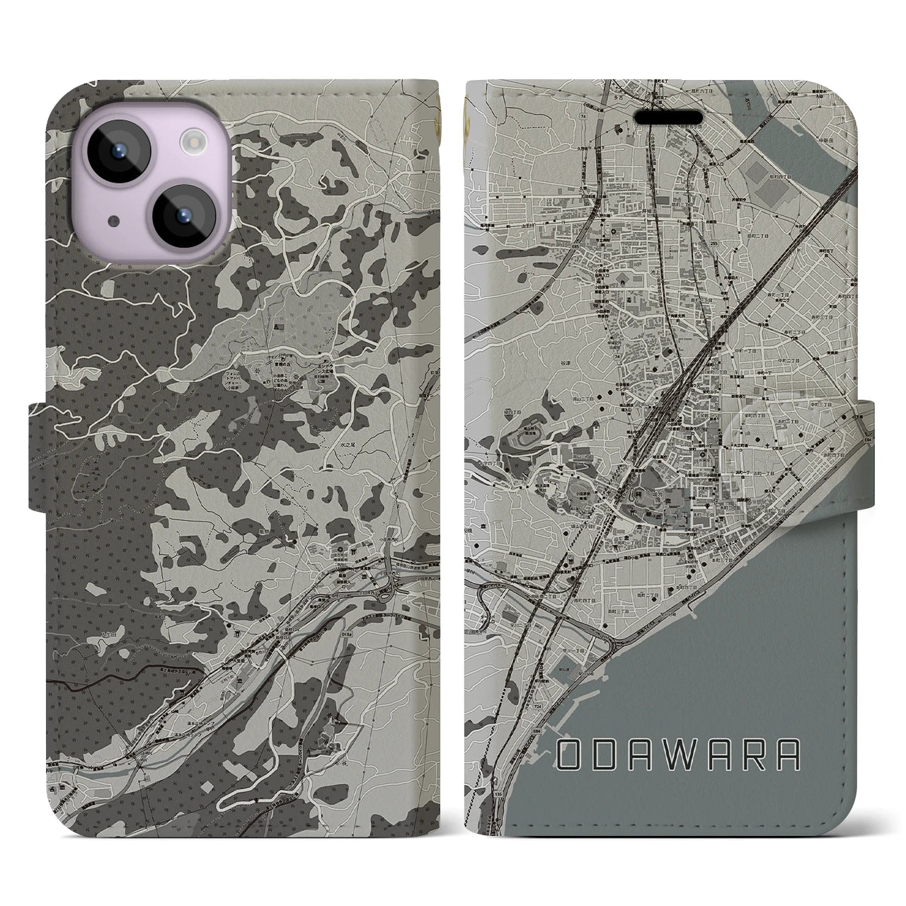 【小田原(神奈川県)】地図柄iPhoneケース(手帳タイプ)モノトーン・iPhone 14 用