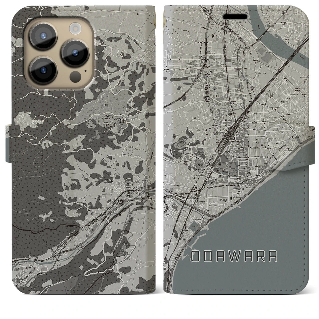 【小田原(神奈川県)】地図柄iPhoneケース(手帳タイプ)モノトーン・iPhone 14 Pro Max 用