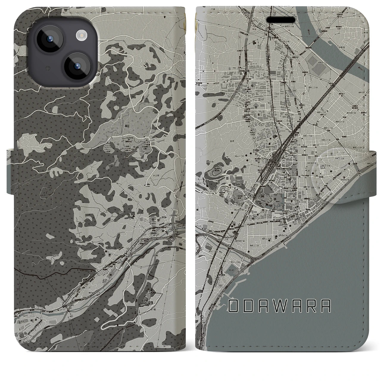 【小田原(神奈川県)】地図柄iPhoneケース(手帳タイプ)モノトーン・iPhone 14 Plus 用