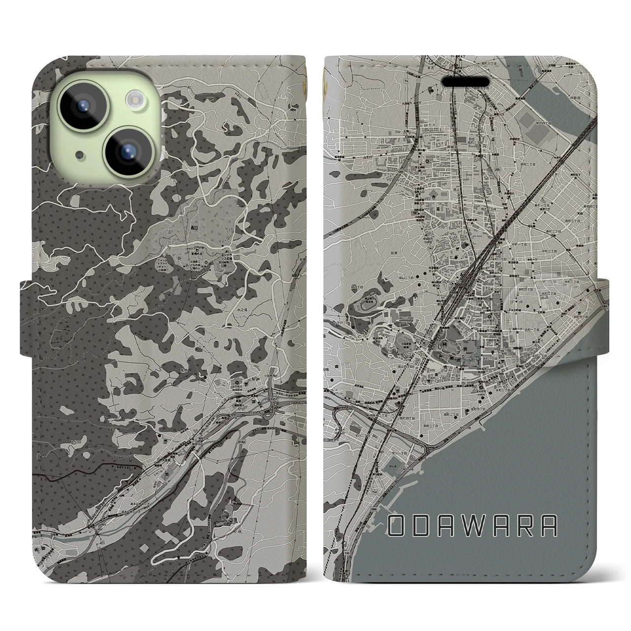 【小田原(神奈川県)】地図柄iPhoneケース(手帳タイプ)モノトーン・iPhone 15 用