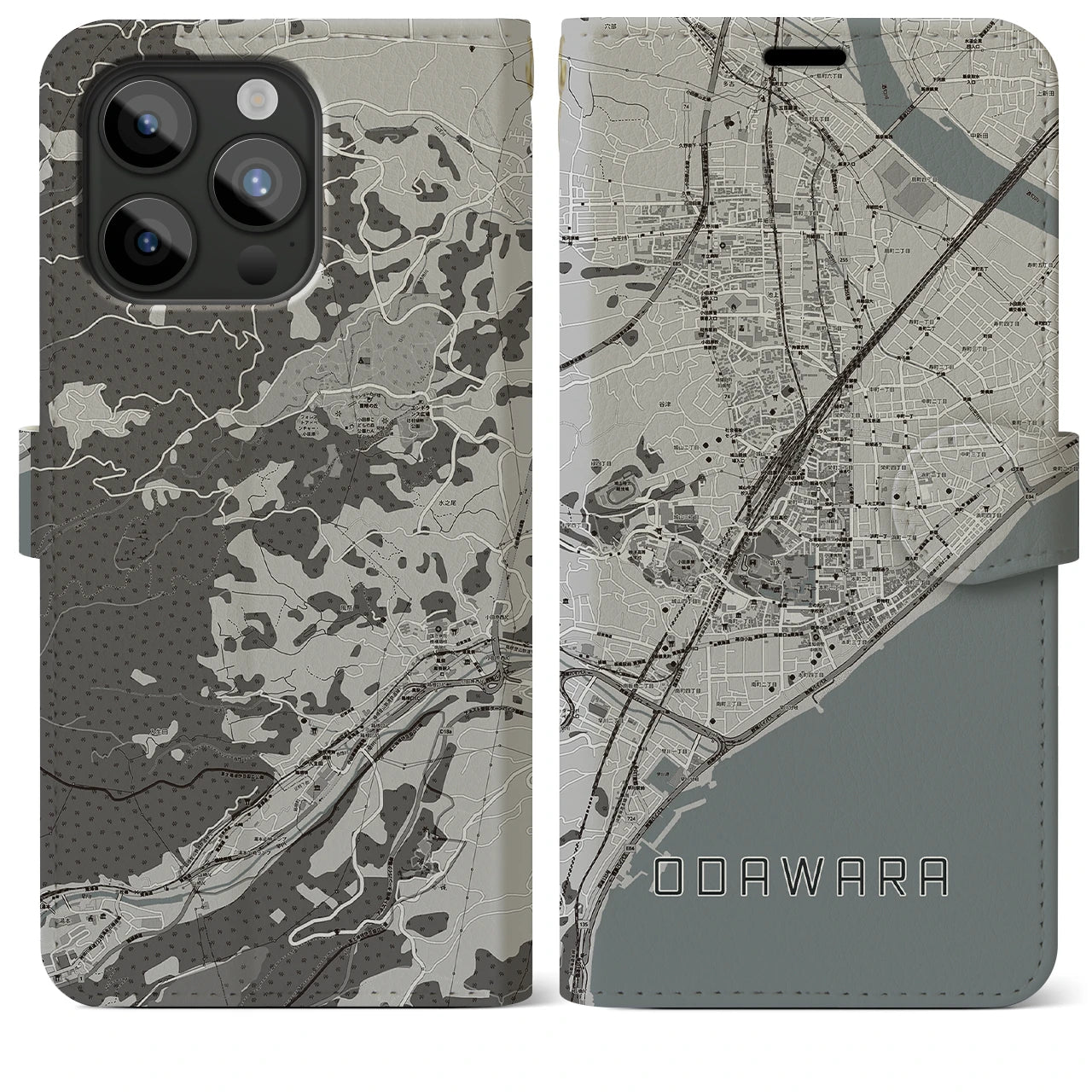 【小田原(神奈川県)】地図柄iPhoneケース(手帳タイプ)モノトーン・iPhone 15 Pro Max 用