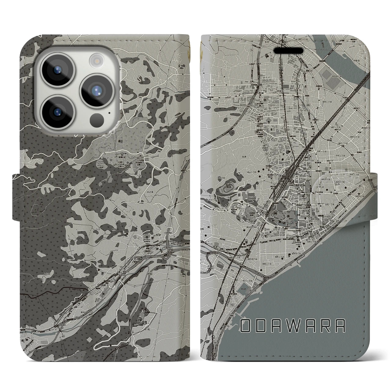 【小田原(神奈川県)】地図柄iPhoneケース(手帳タイプ)モノトーン・iPhone 15 Pro 用