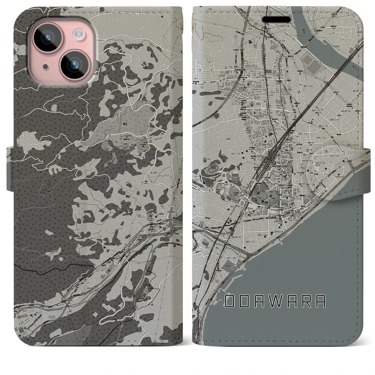 【小田原(神奈川県)】地図柄iPhoneケース(手帳タイプ)モノトーン・iPhone 15 Plus 用