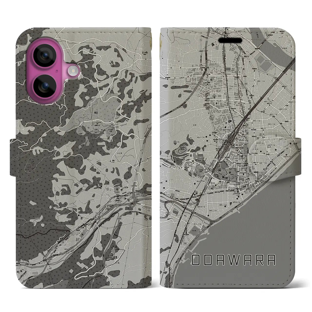 【小田原(神奈川県)】地図柄iPhoneケース(手帳タイプ)モノトーン・iPhone 16 Pro 用