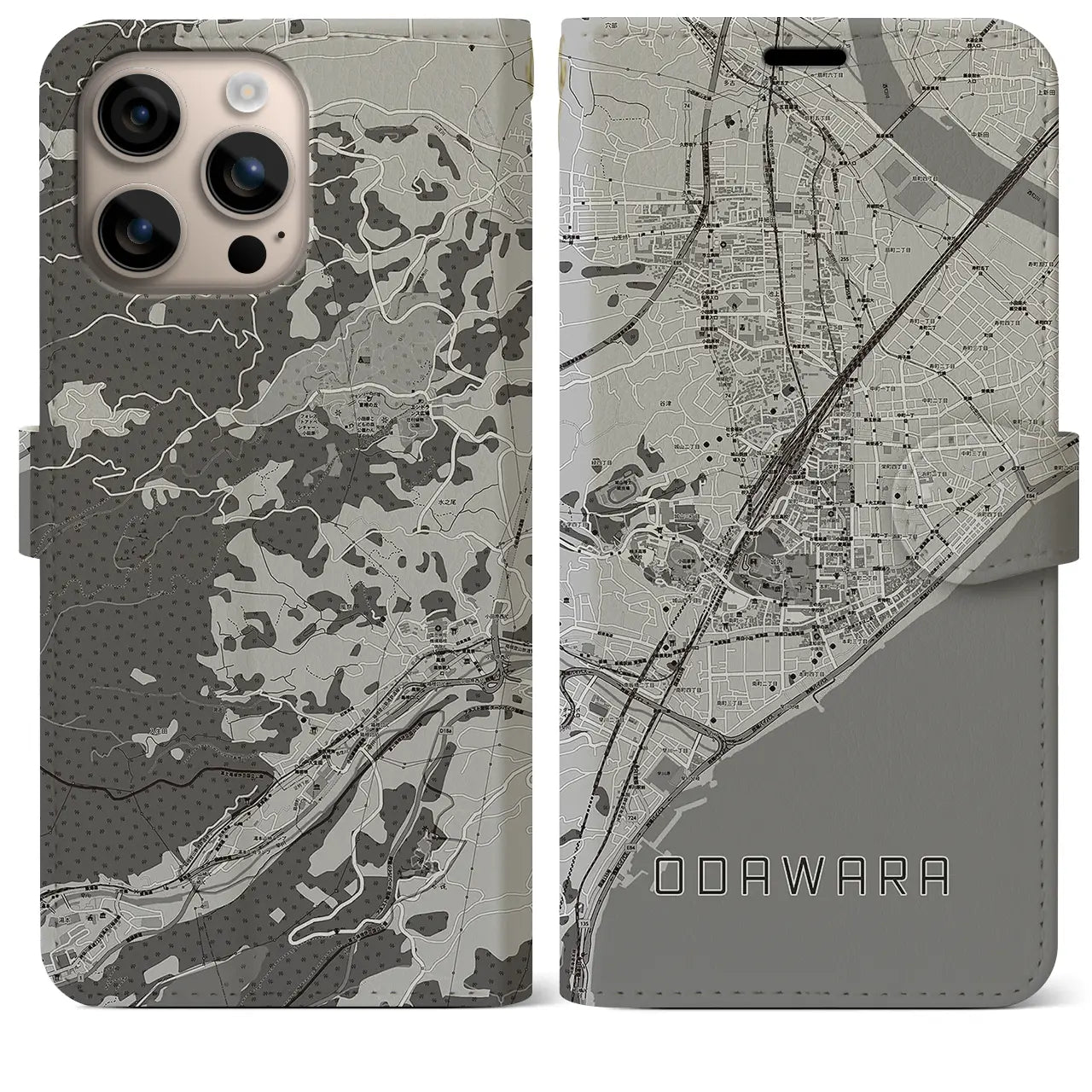 【小田原(神奈川県)】地図柄iPhoneケース(手帳タイプ)モノトーン・iPhone 16 Plus 用