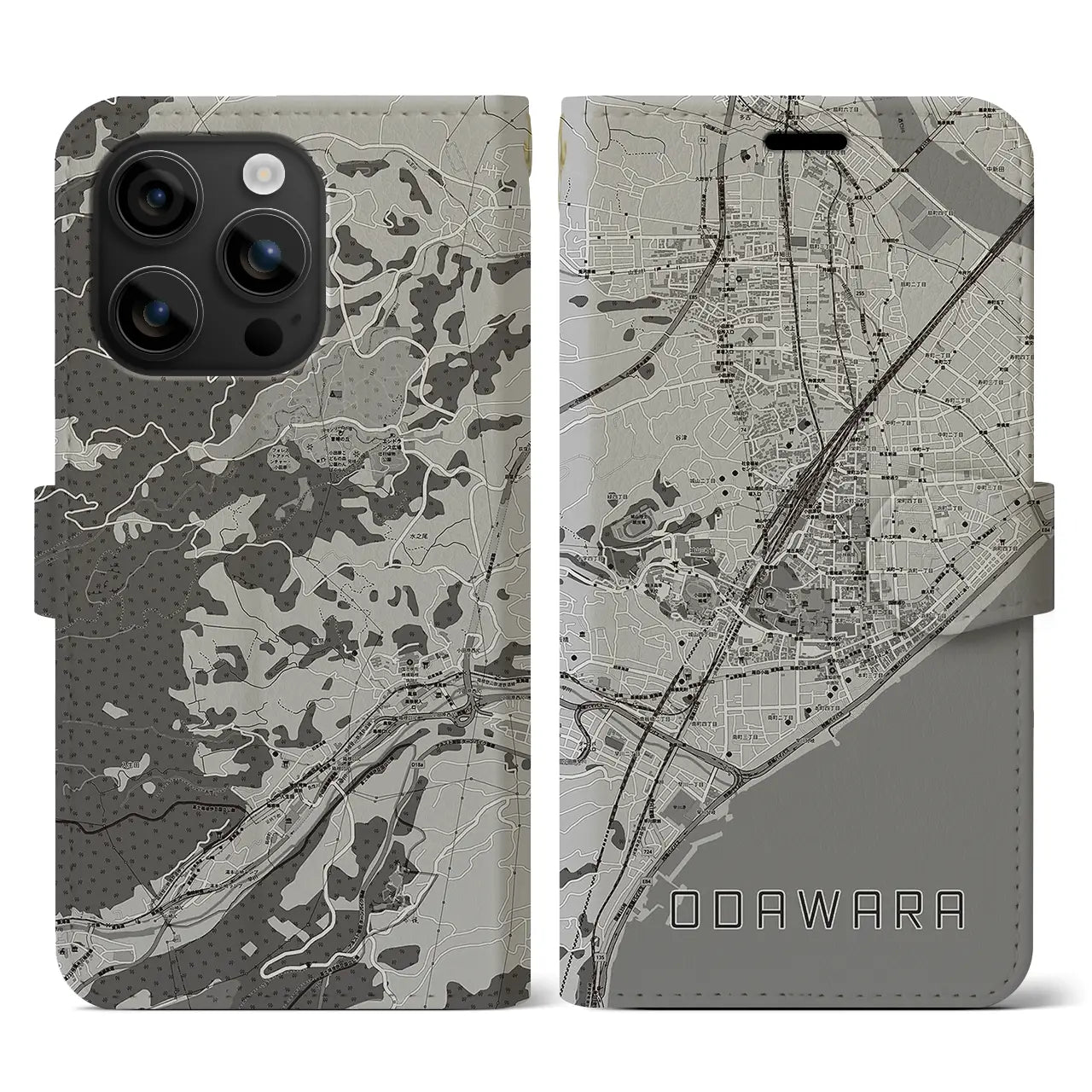 【小田原(神奈川県)】地図柄iPhoneケース(手帳タイプ)モノトーン・iPhone 16 用