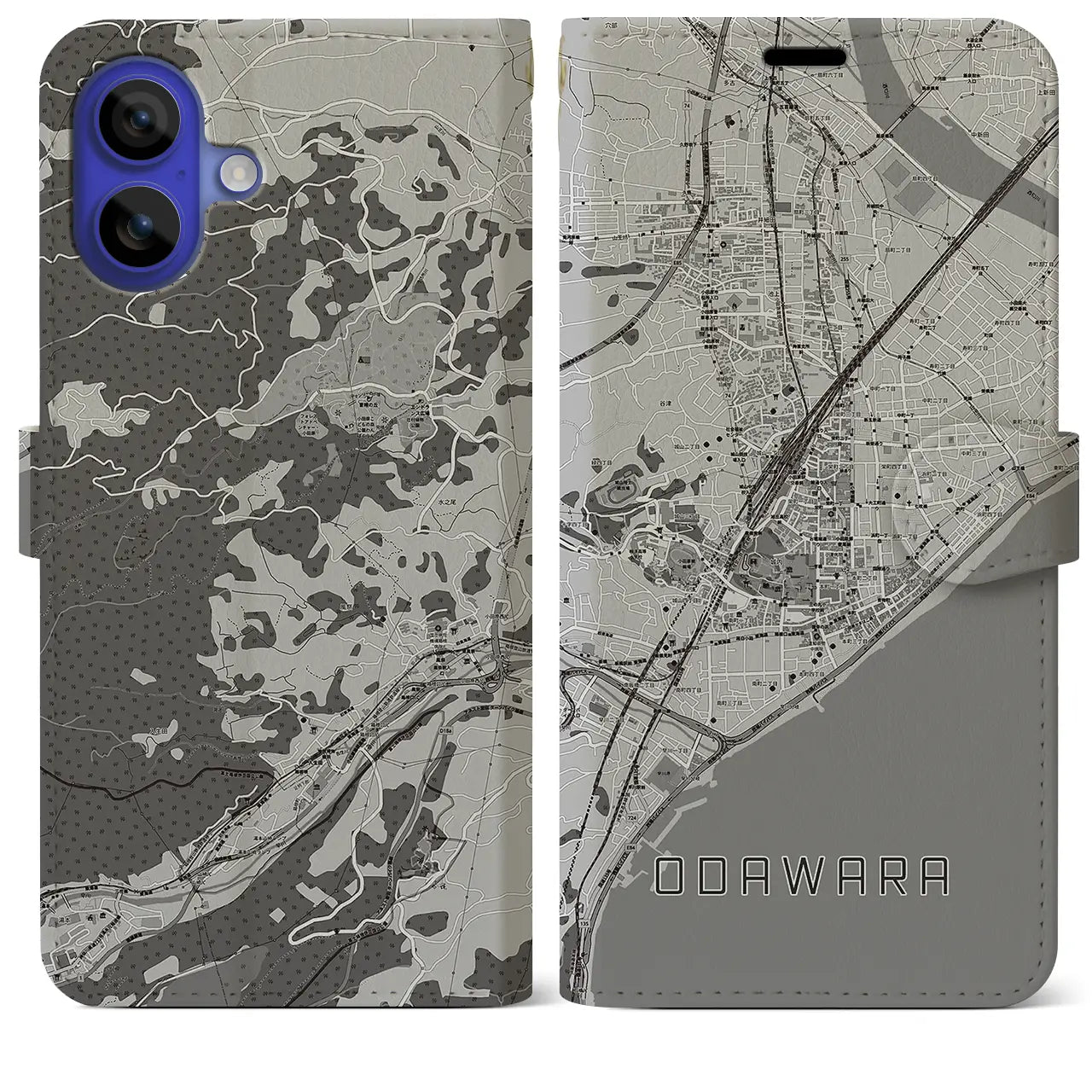 【小田原(神奈川県)】地図柄iPhoneケース(手帳タイプ)モノトーン・iPhone 16 Pro Max 用