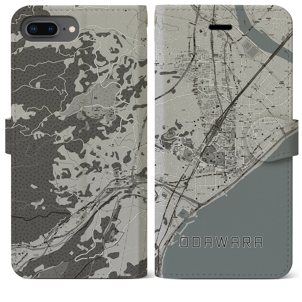 【小田原(神奈川県)】地図柄iPhoneケース(手帳タイプ)モノトーン・iPhone 8Plus /7Plus / 6sPlus / 6Plus 用