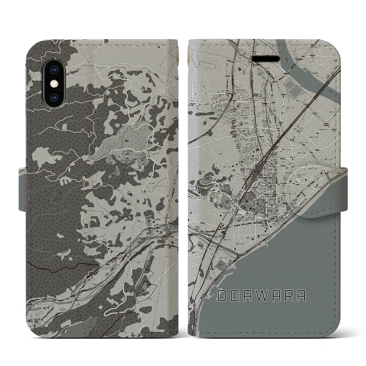 【小田原(神奈川県)】地図柄iPhoneケース(手帳タイプ)モノトーン・iPhone XS / X 用