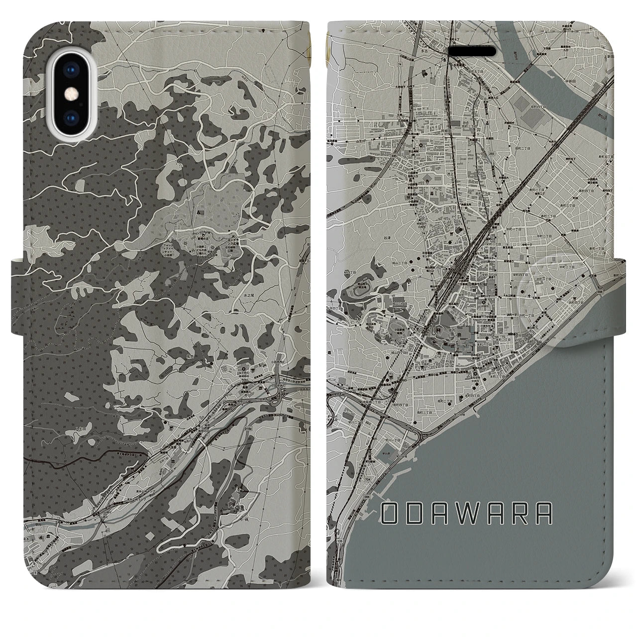 【小田原(神奈川県)】地図柄iPhoneケース(手帳タイプ)モノトーン・iPhone XS Max 用