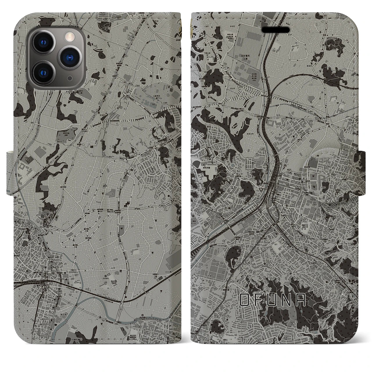 【大船(神奈川県)】地図柄iPhoneケース(手帳タイプ)モノトーン・iPhone 11 Pro Max 用