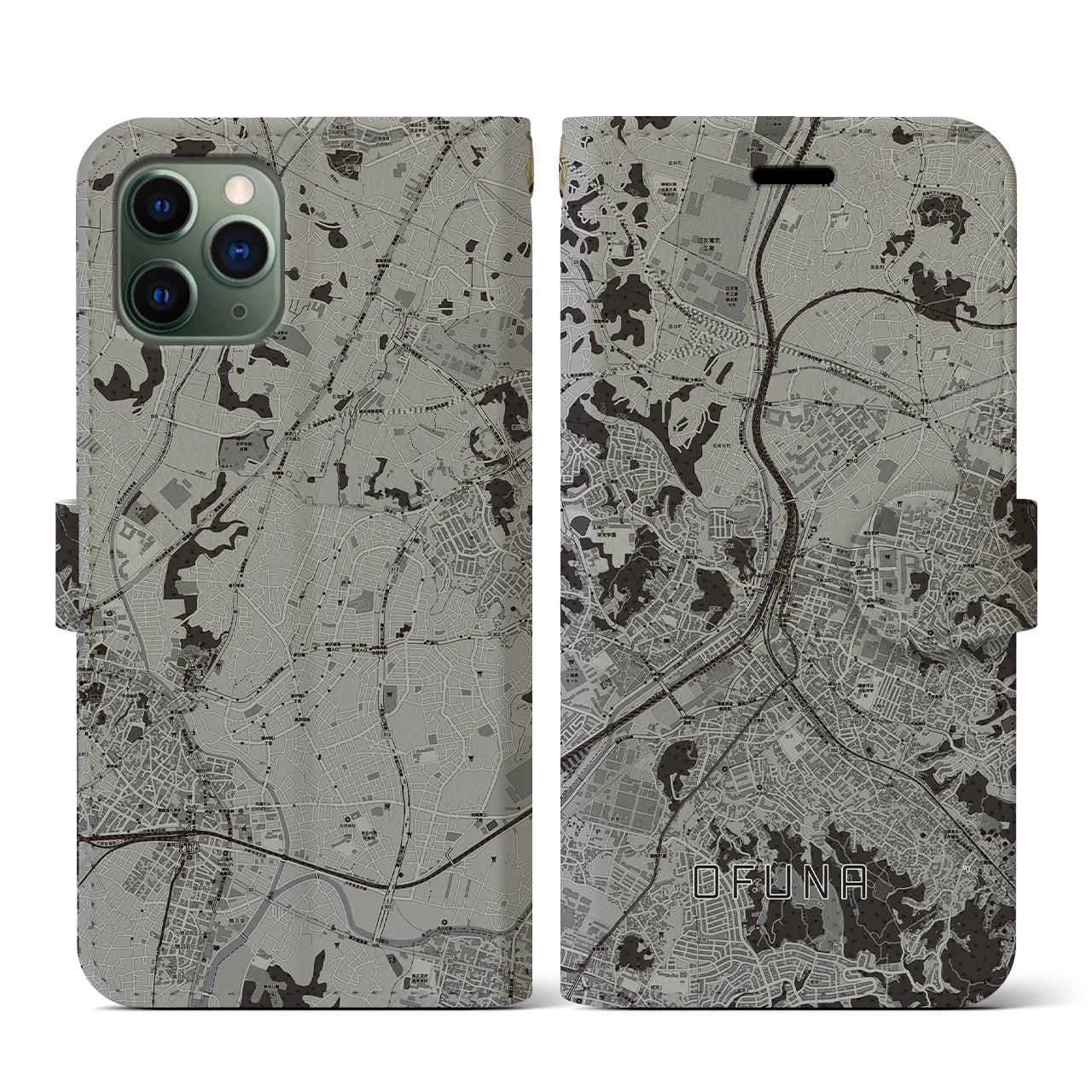 【大船(神奈川県)】地図柄iPhoneケース(手帳タイプ)モノトーン・iPhone 11 Pro 用
