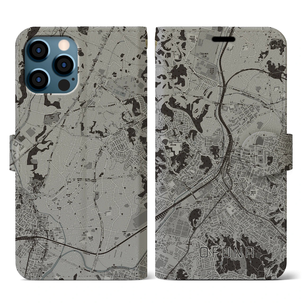 【大船(神奈川県)】地図柄iPhoneケース(手帳タイプ)モノトーン・iPhone 12 / 12 Pro 用