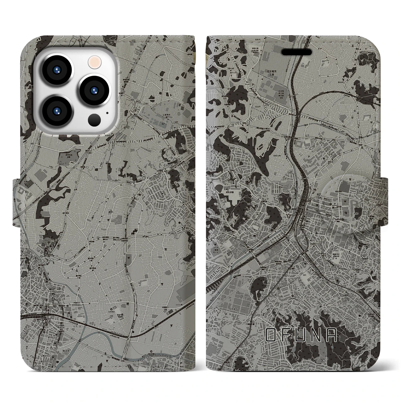 【大船(神奈川県)】地図柄iPhoneケース(手帳タイプ)モノトーン・iPhone 13 Pro 用