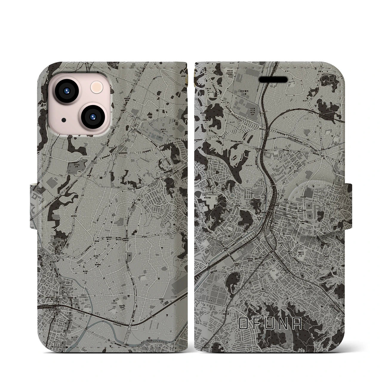 【大船(神奈川県)】地図柄iPhoneケース(手帳タイプ)モノトーン・iPhone 13 mini 用